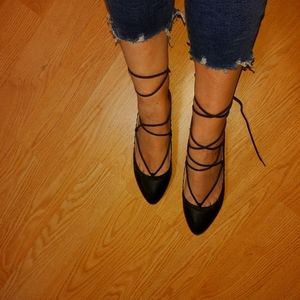 Sexy Black Lace Up Flats with Zippers in the back